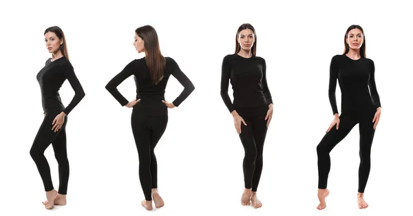 Collage Woman Wearing Thermal Underwear Isolated White — Stock Photo, Image