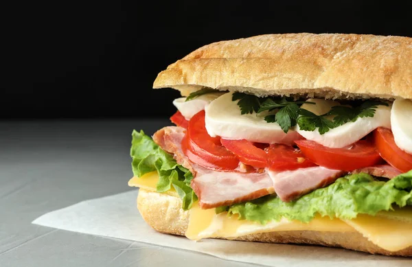 Delicious Sandwich Fresh Vegetables Mozzarella Grey Table Closeup — Stock Photo, Image