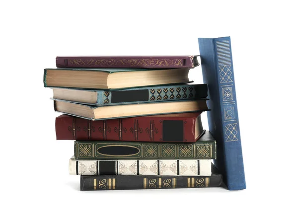 Gyűjteménye különböző könyvek elszigetelt fehér — Stock Fotó
