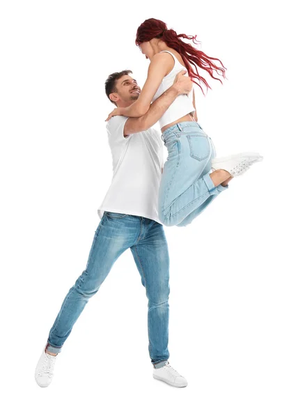 Hermosa Pareja Joven Bailando Sobre Fondo Blanco — Foto de Stock