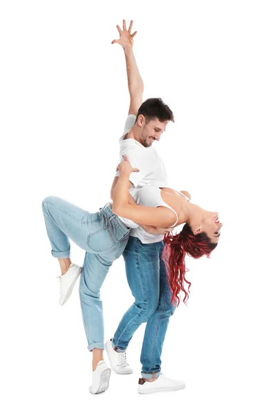 Mooie Jonge Paar Dansen Witte Achtergrond — Stockfoto