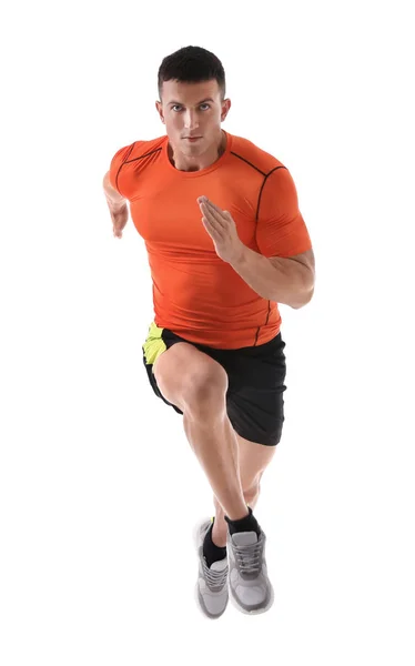 Jeune Homme Athlétique Courir Sur Fond Blanc — Photo