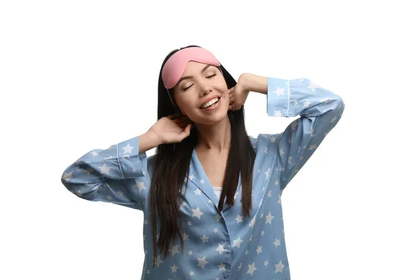 Vacker Asiatisk Kvinna Bär Pyjamas Och Sovmask Vit Bakgrund Sängdags — Stockfoto