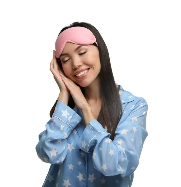 Krásná Asijská Žena Nosí Pyžamo Spací Masku Bílém Pozadí Čas — Stock fotografie