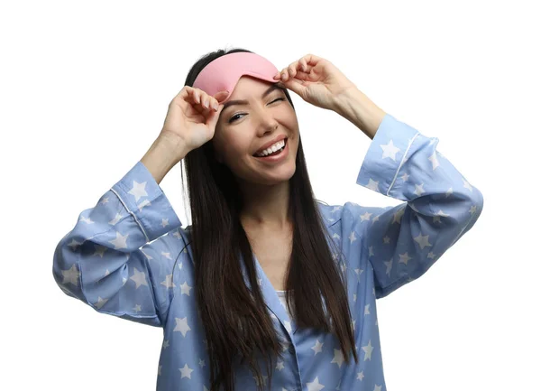 Schöne Asiatische Frau Schlafanzug Und Schlafmaske Auf Weißem Hintergrund Schlafenszeit — Stockfoto