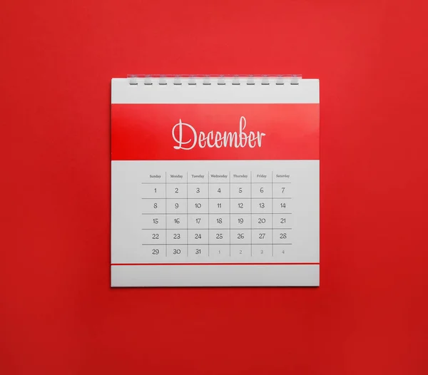 Calendário Dezembro Fundo Vermelho Vista Superior — Fotografia de Stock