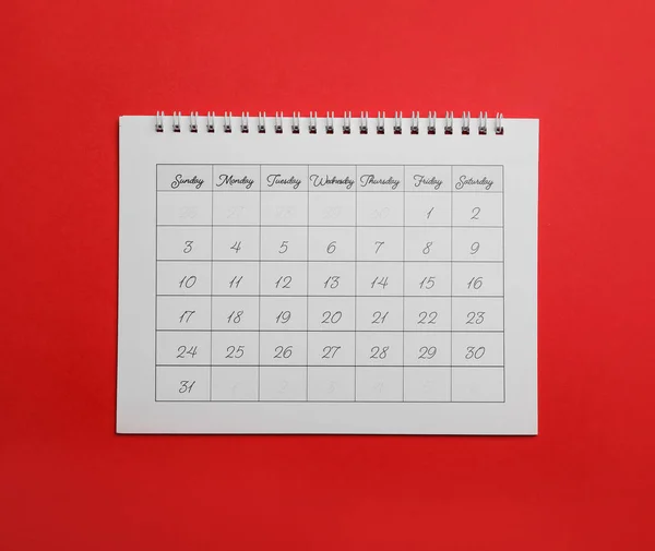 Calendrier Papier Sur Fond Rouge Vue Dessus — Photo