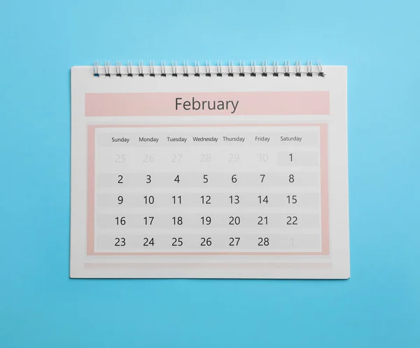 February Calendar Light Blue Background Top View — 图库照片