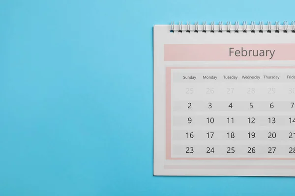 Februar Kalender Auf Hellblauem Hintergrund Draufsicht Raum Für Text — Stockfoto