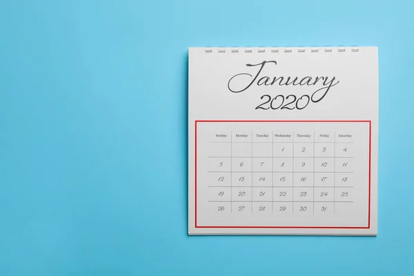 Januari 2020 Kalender Lichtblauwe Achtergrond Bovenaanzicht Ruimte Voor Tekst — Stockfoto