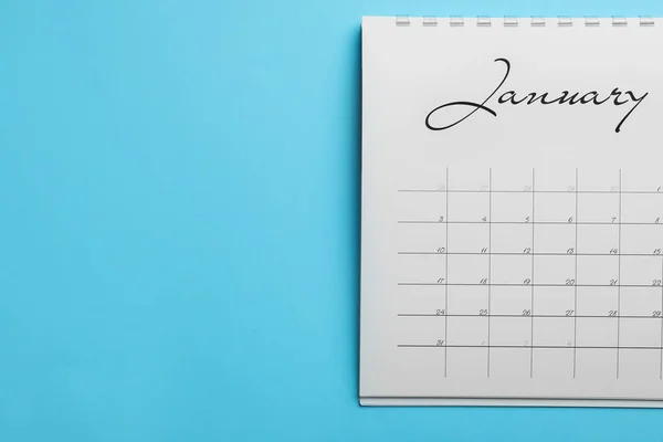 January Calendar Light Blue Background Top View Space Text — Stock Photo, Image