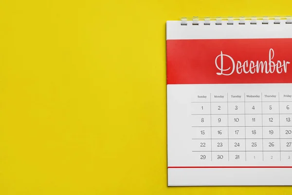December Calendar Yellow Background Top View Space Text — Stock Photo, Image