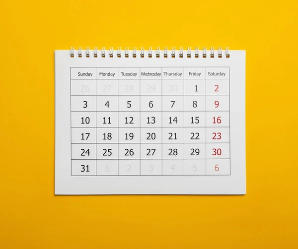 Calendrier Papier Sur Fond Jaune Vue Dessus — Photo