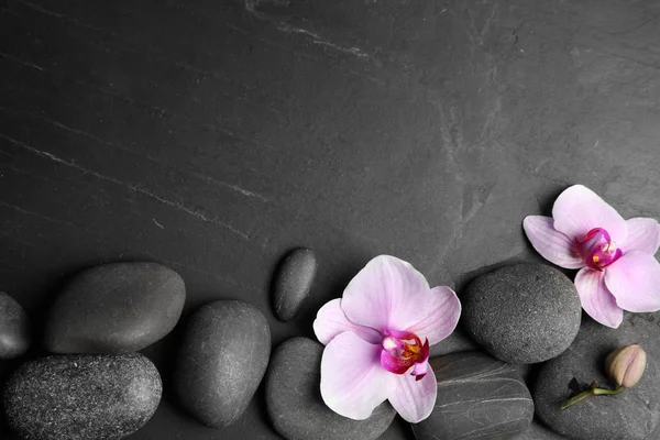 Stenen Met Orchidee Bloemen Ruimte Voor Tekst Zwarte Achtergrond Plat — Stockfoto