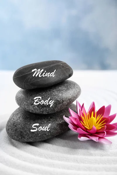 Stones Words Mind Body Soul Lotus Flower White Sand Zen — Stock Photo, Image