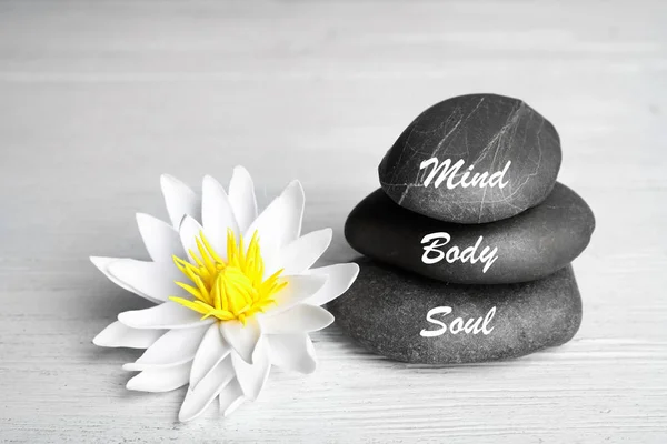 Stones Words Mind Body Soul Lotus Flower White Wooden Table — Stock Photo, Image