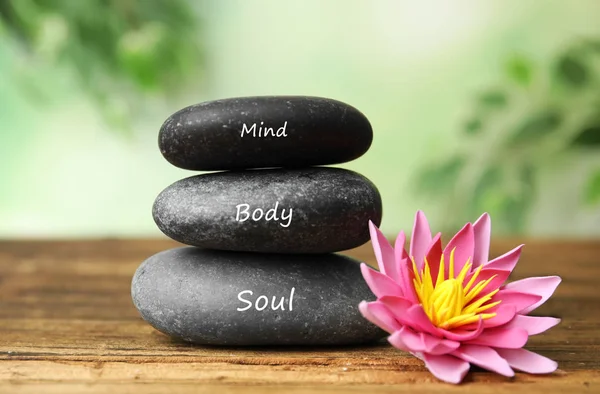 Stones Words Mind Body Soul Lotus Flower Wooden Table Zen — Stock Photo, Image