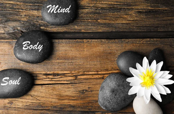 Flat Lay Composition Lotus Flower Stones Words Mind Body Soul — Stock Photo, Image
