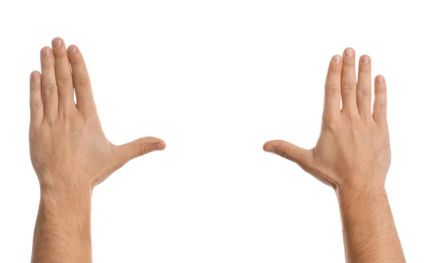 Man making frame with his hands on white background, closeup — Stock Photo, Image