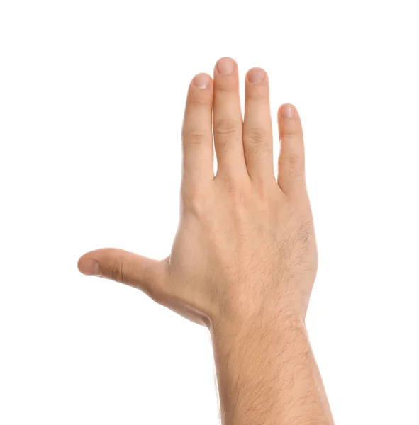 Man making frame with his hand on white background, closeup — 图库照片