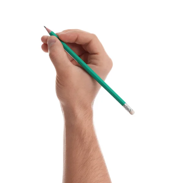 Man holding pencil on white background, closeup of hand — ストック写真