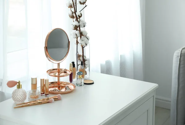 Small Mirror Different Makeup Products Chest Drawers Indoors Space Text — Stock Photo, Image