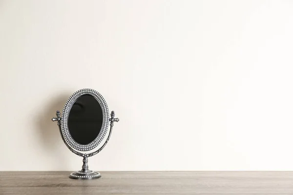 Small Mirror Wooden Table Light Wall Space Text — ストック写真