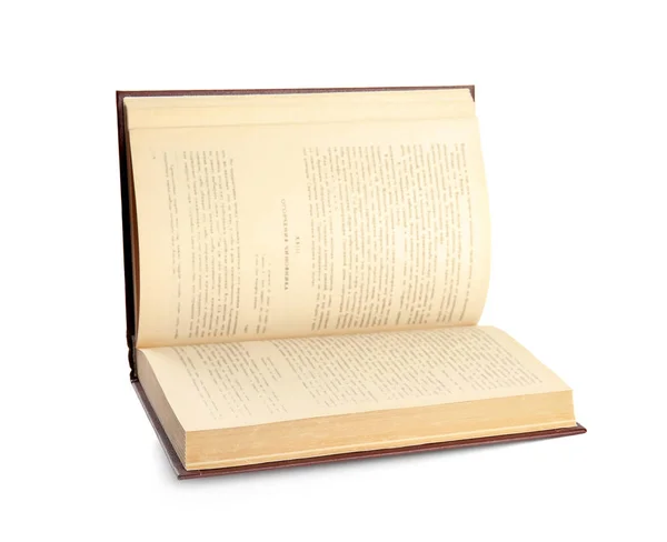 Abrir livro capa dura velho isolado em branco — Fotografia de Stock
