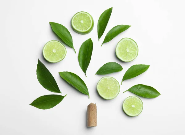 Composizione con foglie di agrumi verdi freschi e fette di lime su wh — Foto Stock