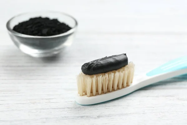 Toothbrush Natural Bristles Charcoal Paste White Wooden Table Closeup — Stock Photo, Image