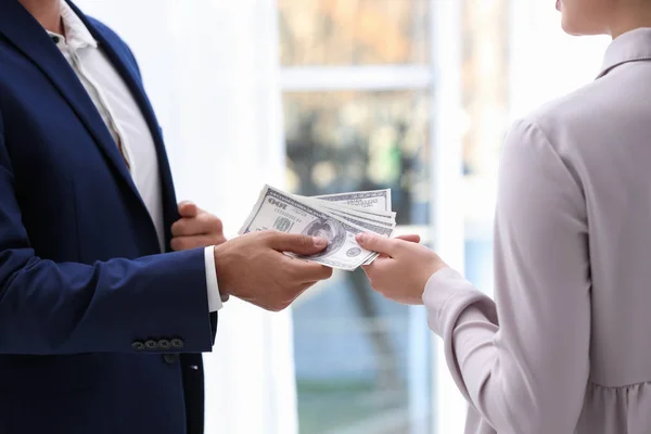 Man Giving Bribe Money Woman Indoors Closeup — Stock Photo, Image