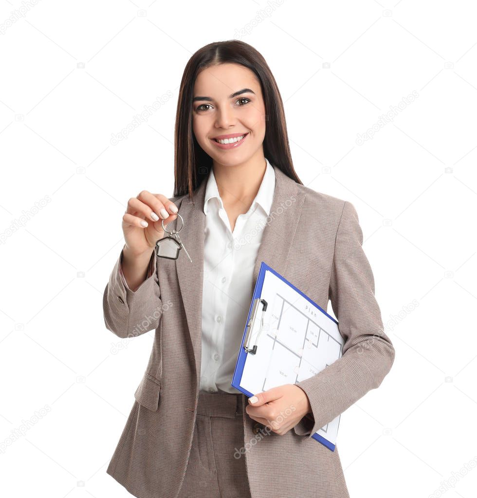 Real estate agent with key and clipboard on white background