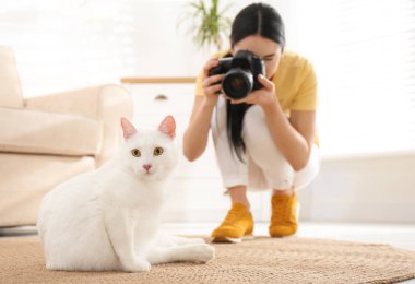 Profesyonel hayvan fotoğrafçısı güzel bir kadının fotoğrafını çekiyor.