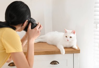 Profesyonel hayvan fotoğrafçısı güzel bir kadının fotoğrafını çekiyor.