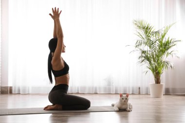 Genç bir kadın yoga stüdyosunda kedisiyle Yıldırım Asana alıştırması yapıyor.