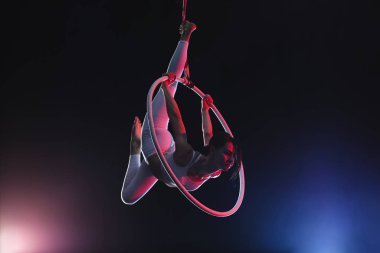 Genç bir kadın hava halkası üzerinde akrobatik bir element sergiliyor. 