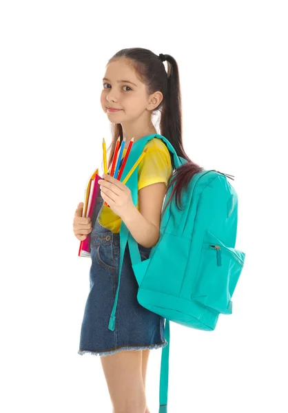 Petite Fille Avec Papeterie Scolaire Sur Fond Blanc — Photo