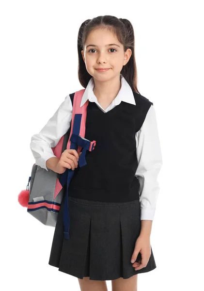 Niña Uniforme Escolar Con Mochila Sobre Fondo Blanco —  Fotos de Stock