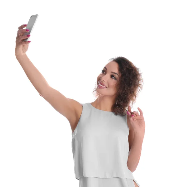 Beautiful Woman Taking Selfie White Background — Stock Photo, Image