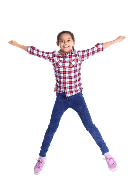Cute Little Girl Jumping White Background — Stock Photo, Image