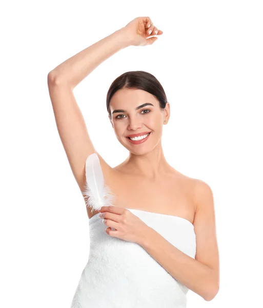 Young Woman Touching Armpit Feather Epilation Procedure White Background — Stock Photo, Image