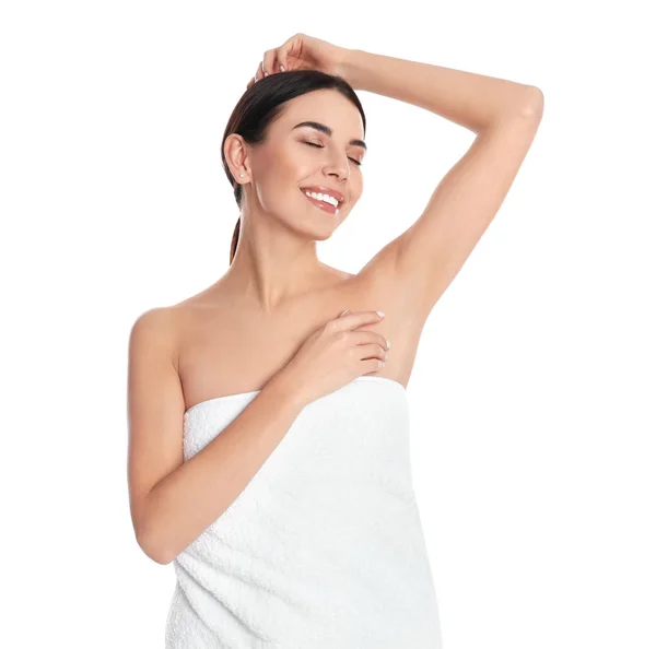 Young Woman Showing Hairless Armpit Epilation Procedure White Background — Stock Photo, Image