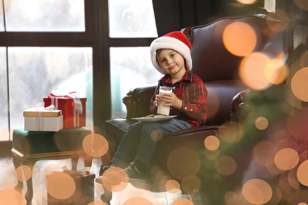 Little Boy Santa Claus Cap Milk Cookies Window Indoors Christmas — Stock Photo, Image