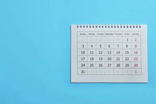 Calendrier Papier Sur Fond Bleu Clair Vue Dessus Espace Pour — Photo