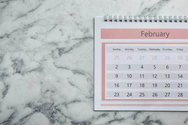February Calendar Marble Background Top View Space Text — 图库照片