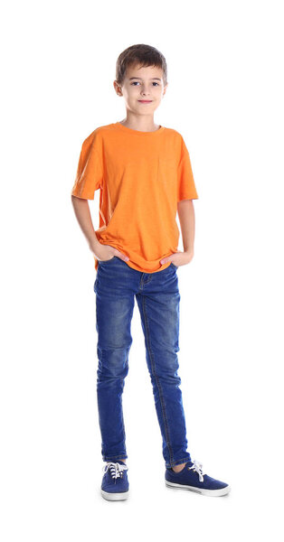 Cute little boy posing on white background