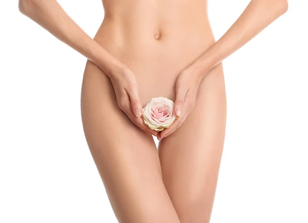 Woman with flower showing smooth skin after Brazilian bikini epilation on white background, closeup. Body care concept — Stock Image Woman Flower Showing Smooth Skin Brazilian Bikini Epilation White Background Royalty Free Stock Photos