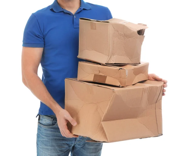 Courier Damaged Cardboard Boxes White Background Closeup Poor Quality Delivery Stock Photo