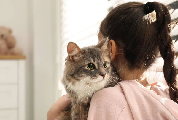 Little Girl Holding Cute Cat Window Home First Pet — Stock Photo, Image