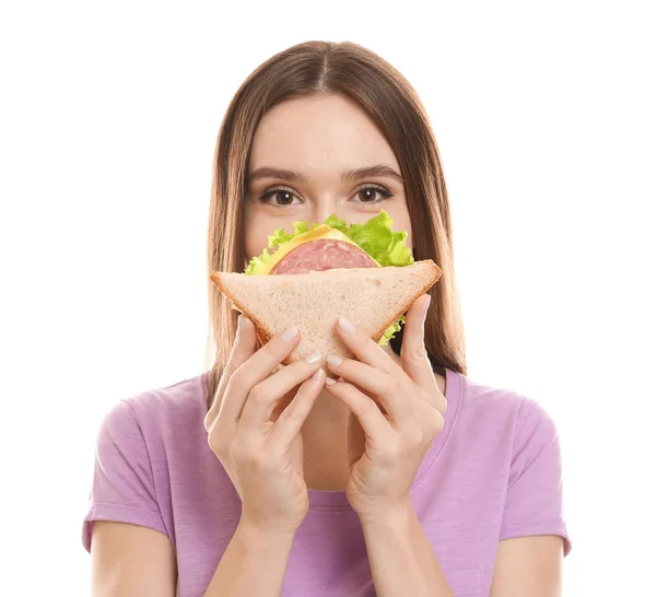 Jovem Com Sanduíche Saboroso Fundo Branco — Fotografia de Stock